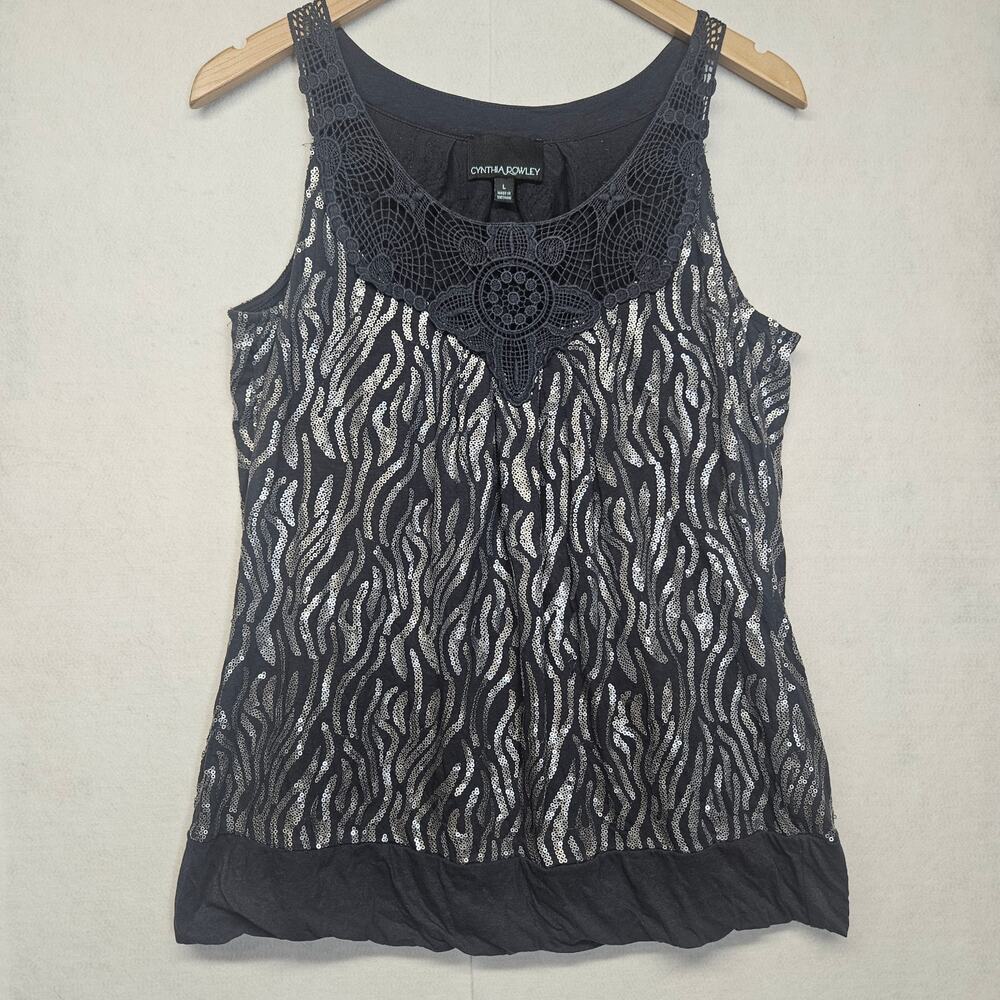 Cynthia Rowley Dark Gray Crochet Sequin Sleeveless Blouse Y2K Boho Top Size L